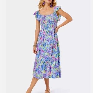🌸Lilly Pulitzer Jilly Smocked Midi Dress🦋Dew Drop Stay Fly- Large